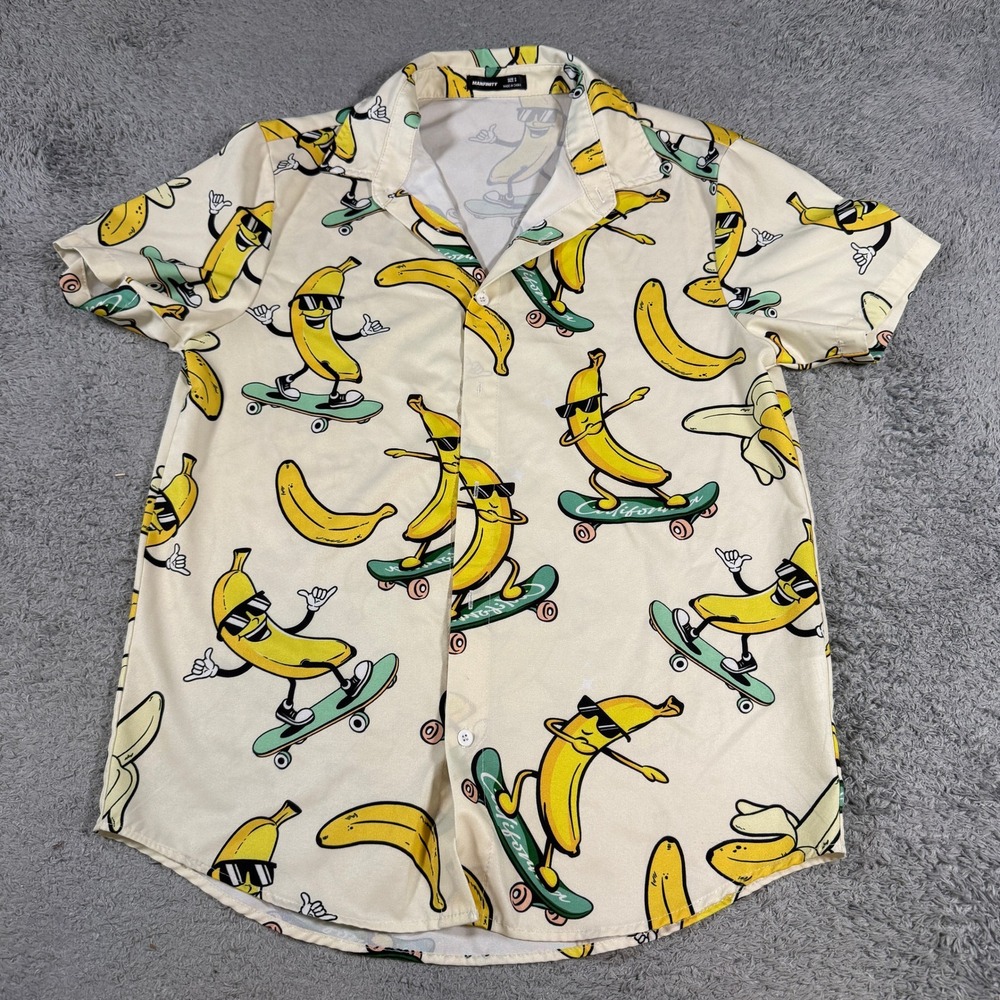 Manfinity Mens Skateboard Banana Graphic Button Up Shirt Small Cream Polyester